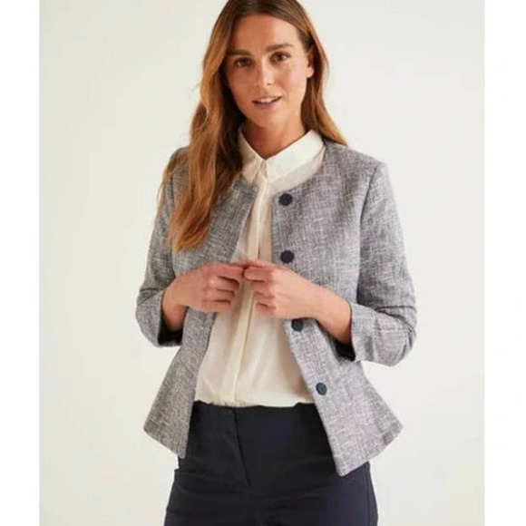 Boden Jackets & Blazers - Boden Polperro Peplum Hem Snap Front Tweed Button-Up Jacket in Navy Blue
